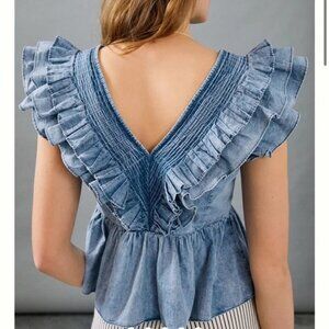 Anthropologie x Mare Mare Women's M NWT Ruffled Chambray Peplum Blouse